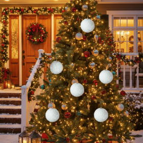 6PCS Set 4" Christmas Ball Ornaments Cream Ruffle Hanging Decorations for Xmas Tree Holiday Home Decor FBA shipment