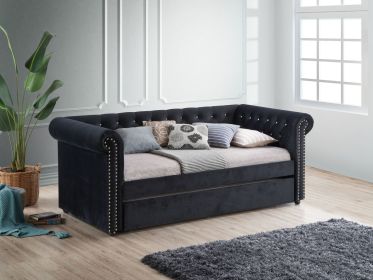 Luxurious 1pc Modern Aesthetic Beautifully Button Tufted Nailhead Trim Design Daybed Built-in pull-out Trundle Bed Living Space Guest Room Bedroom Bla
