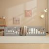 Gray painted pine wood playpen bed with door and board, full-size children's wooden bed