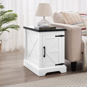 Farmhouse End table Nightstand Rectangular Farmhouse End Table with Barn Door and Adjustable Storage Shelf, Rustic Sofa Side Table for Living Room (Material: MDF, Color: White)